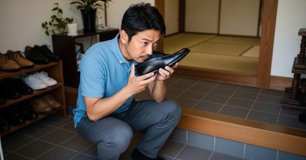 玄関で革靴の匂いを嗅いで確認する男性の様子