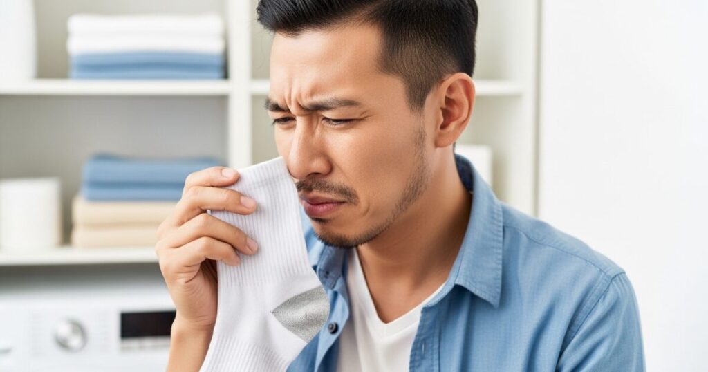 白い靴下の臭いを確認して不快そうな男性のクローズアップ