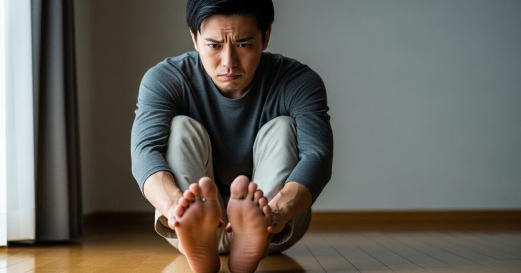 足裏を見つめて臭いを気にする男性の悩む表情