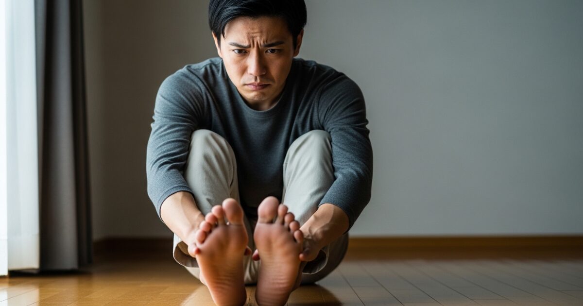 足裏を見つめて臭いを気にする男性の悩む表情