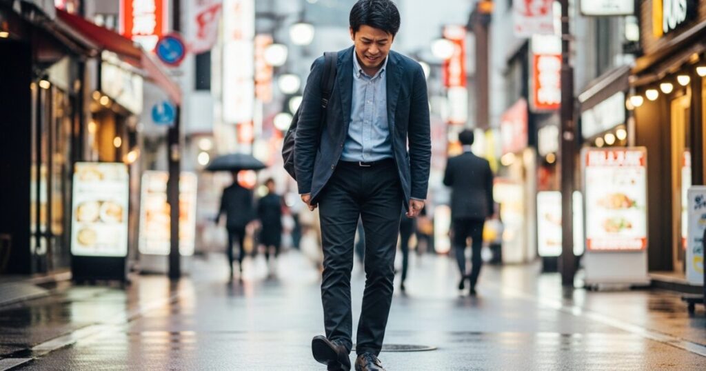 繁華街を歩きながら足の違和感に悩むビジネスマン
