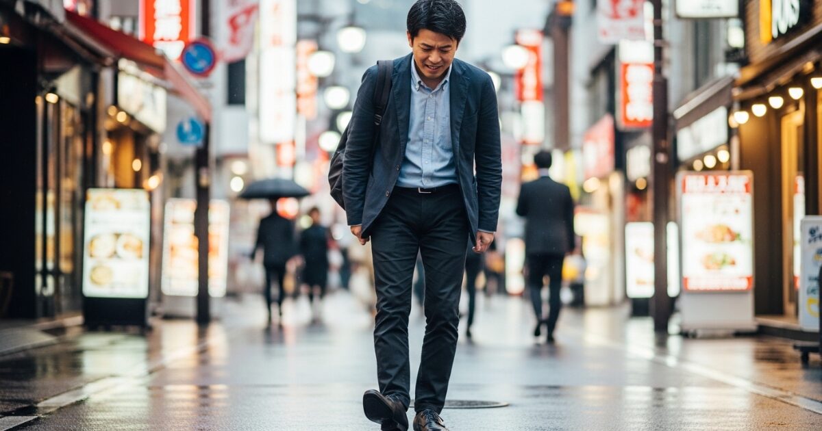 繁華街を歩きながら足の違和感に悩むビジネスマン