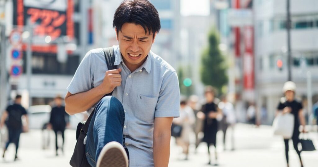 外出先で足の痛みや臭いを気にして顔をしかめる男性