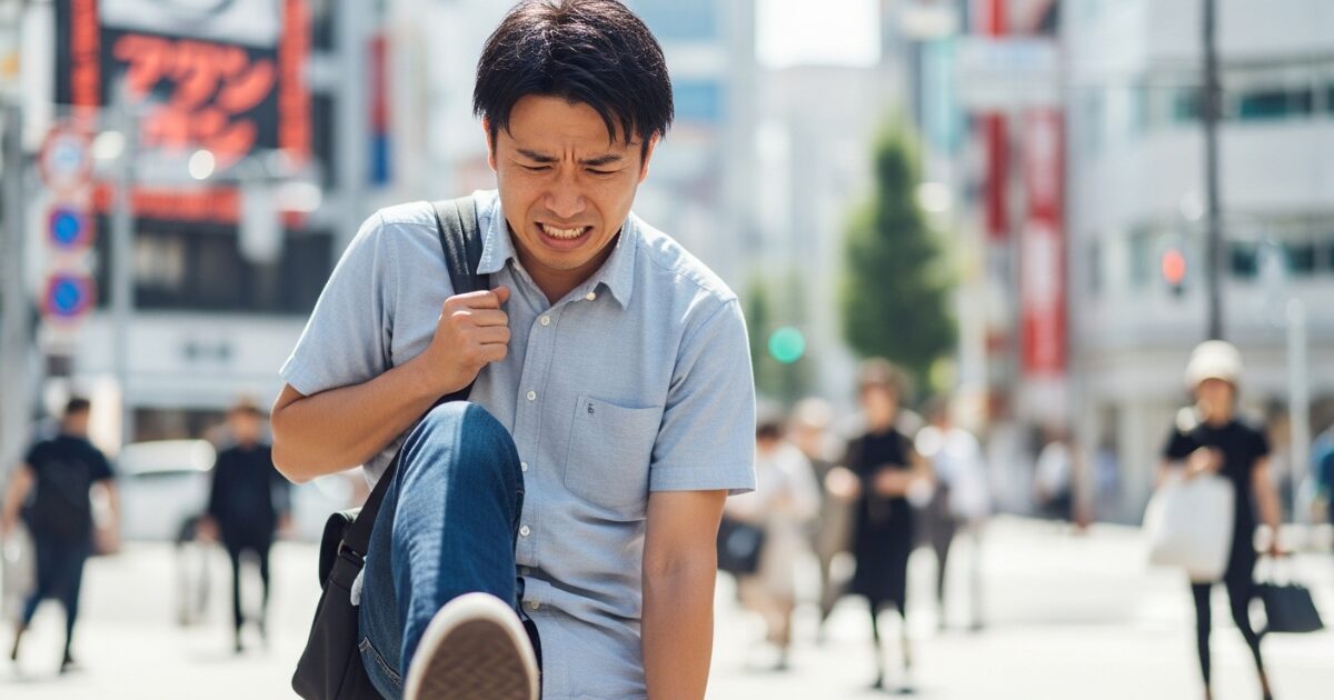 外出先で足の痛みや臭いを気にして顔をしかめる男性