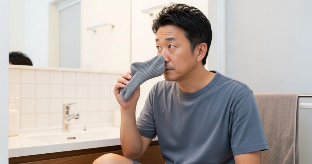 洗面所で靴下の匂いを嗅ぎ不快そうな表情の男性