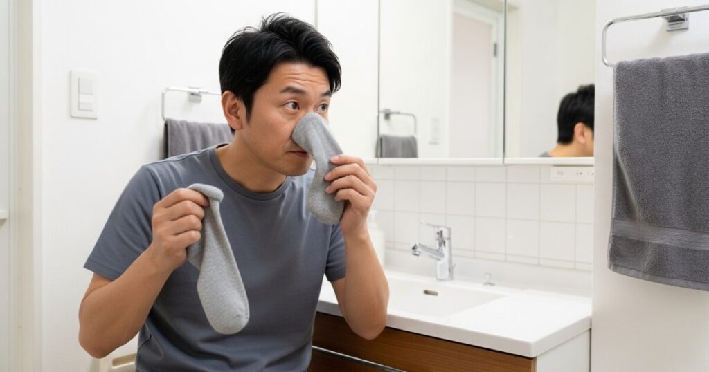 鏡の前で靴下の臭いを確認する男性の日常シーン