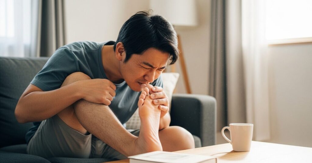 自宅のソファで足の臭いを気にして確認する男性