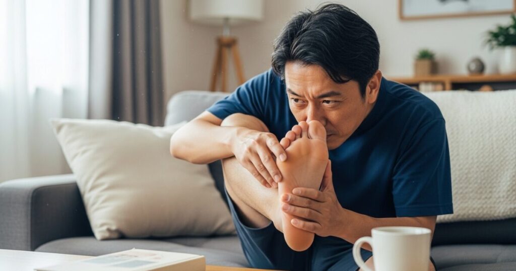 リビングで足の匂いを嗅いで悩む男性の生活風景