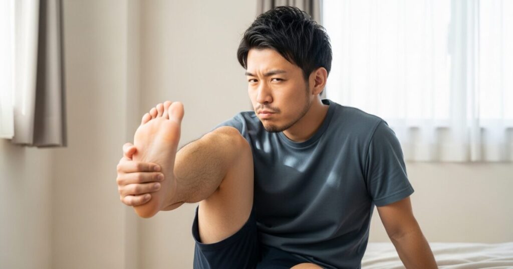 自宅で足の臭いを気にして確認する男性の表情