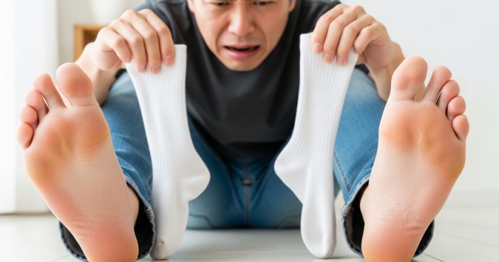 脱いだ靴下を手に取り足の臭いに驚く男性