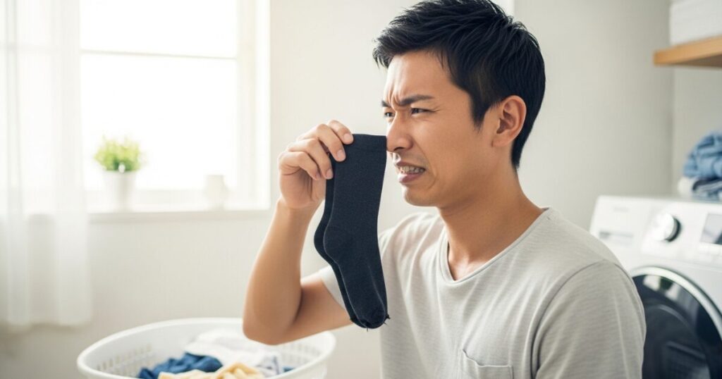洗濯前の靴下の匂いに顔をしかめる男性