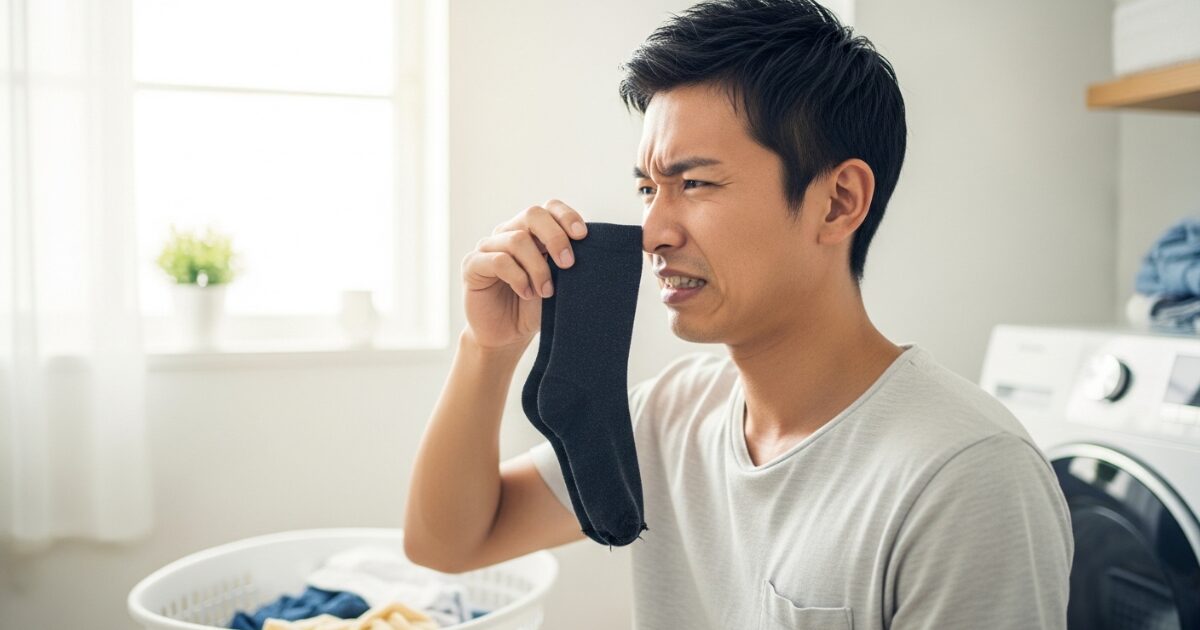 洗濯前の靴下の匂いに顔をしかめる男性