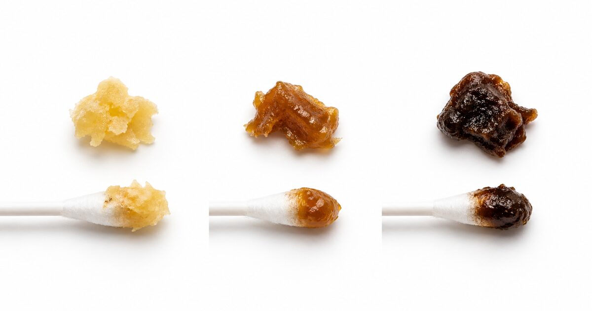 薄い黄色、薄茶色、濃い茶色の耳垢を段階的に比較できる画像