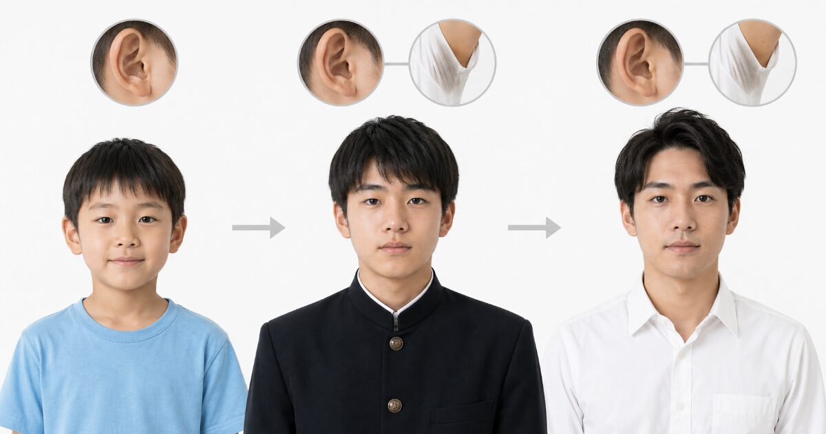 年齢による耳垢の変化を示す、子ども期・思春期・成人期の簡単な図解画像