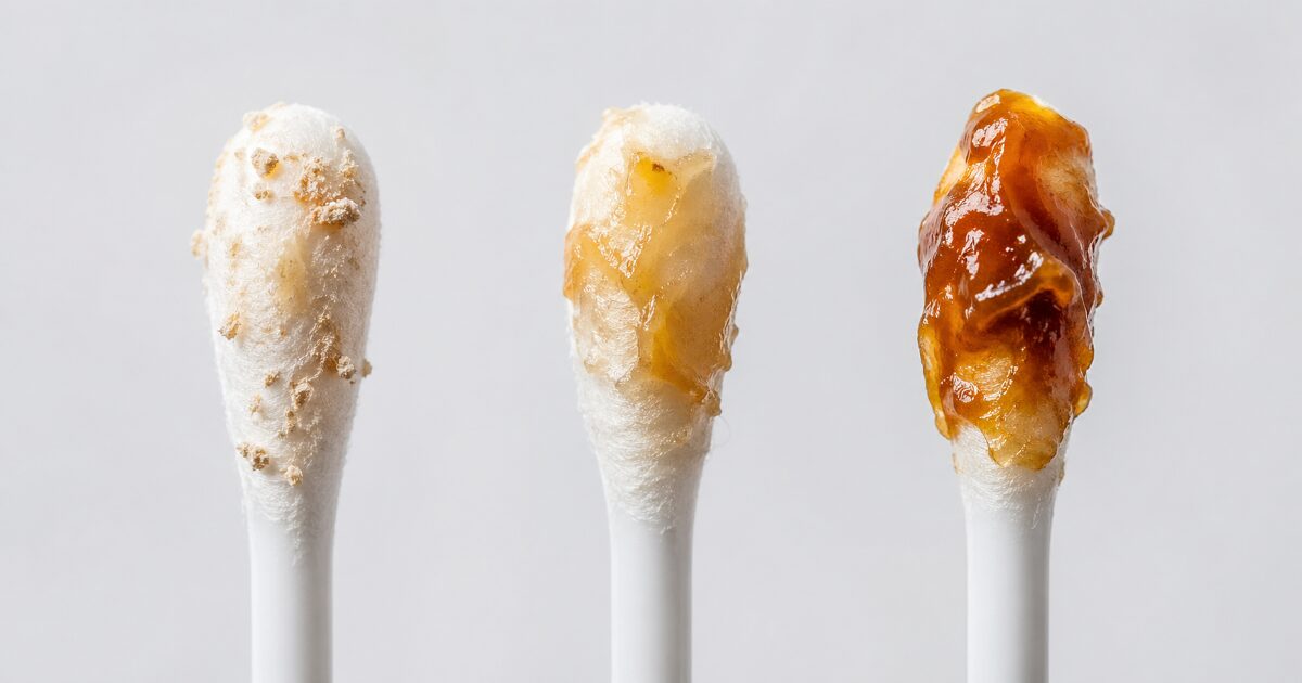 乾いた耳垢、しっとりした耳垢、粘りの強い耳垢を横並びで比較できる画像