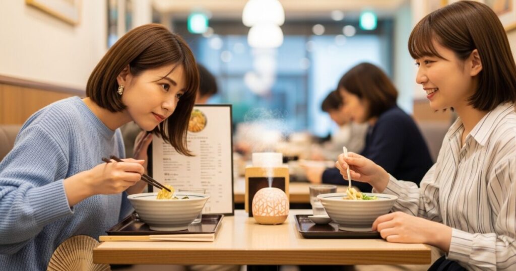 ラーメンを食べながら会話する女性二人の食事風景