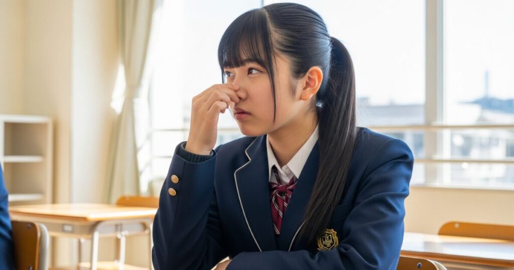 教室で頬杖をつき考え込む女子高校生の様子
