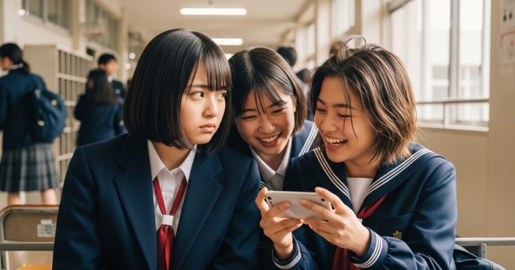 スマホを見て笑う女子高生と不機嫌そうな友人の対比