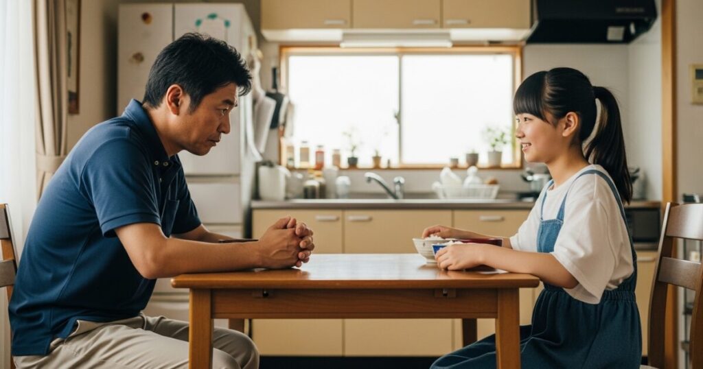 自宅の食卓で向かい合い会話する父親と娘の家庭シーン