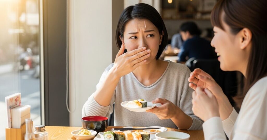 寿司を食べながら口元を押さえる女性の違和感リアクション