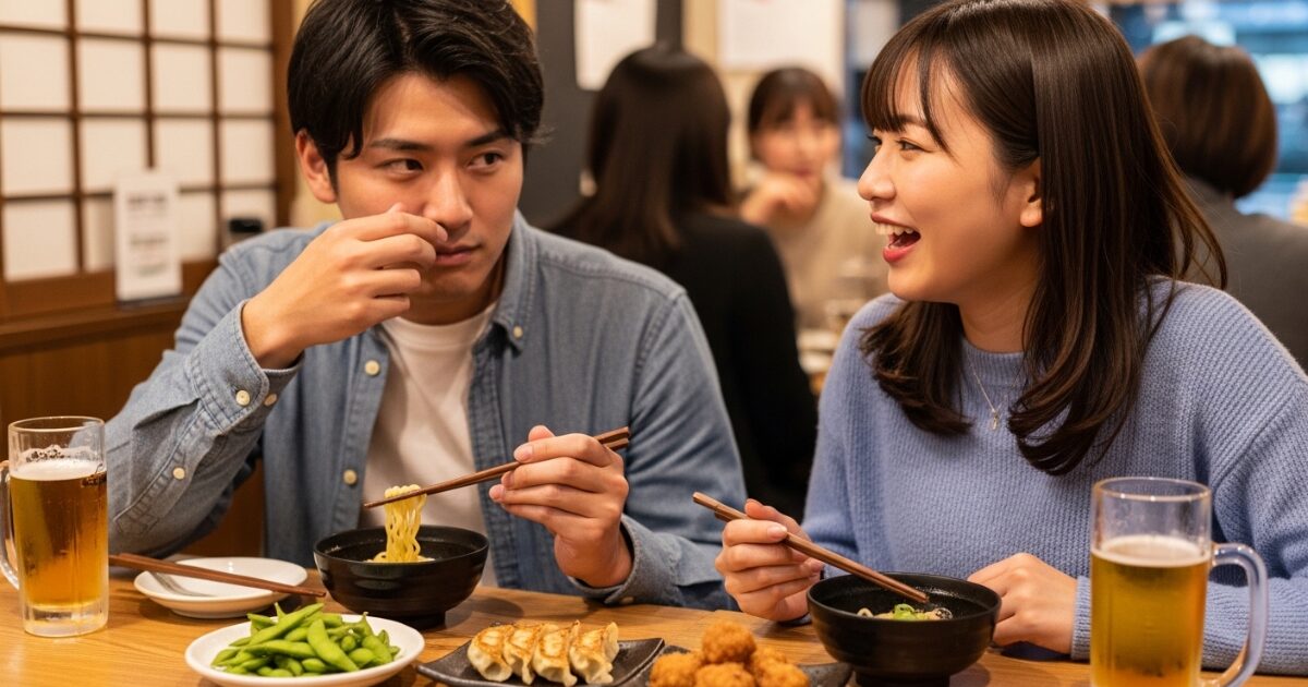 居酒屋で食事中に匂いを気にする男性と会話する女性