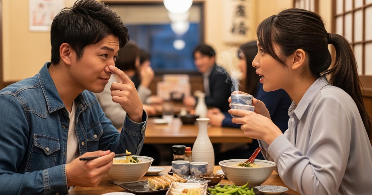 湯気の立つ飲み物を手に会話しながら匂いを気にする男女