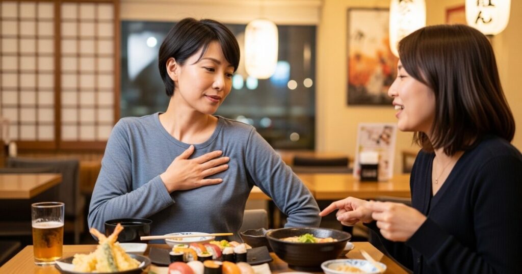 和食を囲んで会話する女性同士の楽しい食事シーン