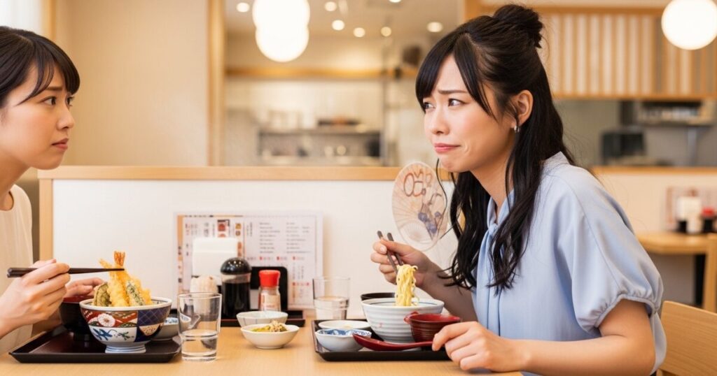 定食を前に驚いた表情を見せる女性のリアクション