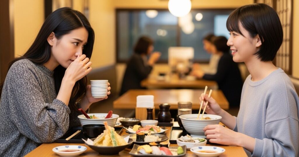 和食とラーメンを楽しむ女性二人の外食シーン