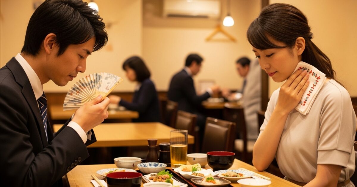 居酒屋で食事をしながら考え込む男女の様子
