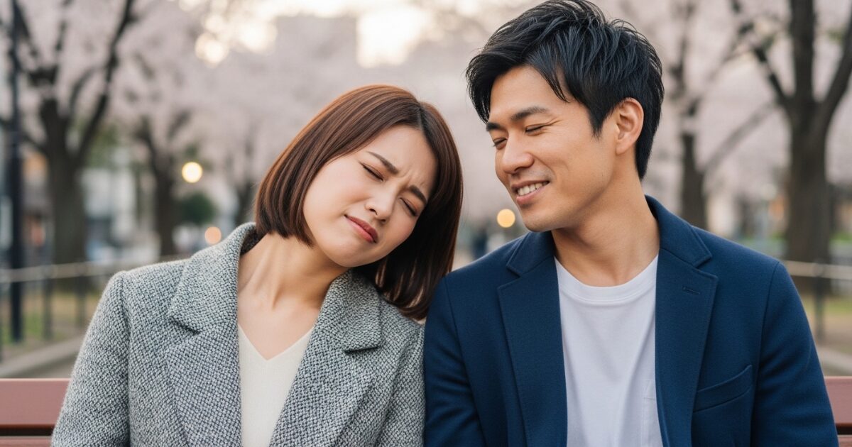 公園のベンチで寄り添い眠そうにする女性と微笑む男性のカップル