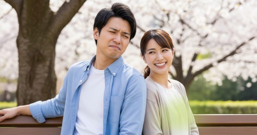 桜並木の下で背中合わせに座る男女の対照的な表情