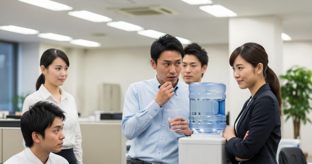 オフィスでウォーターサーバー前に集まり会話する社員たち