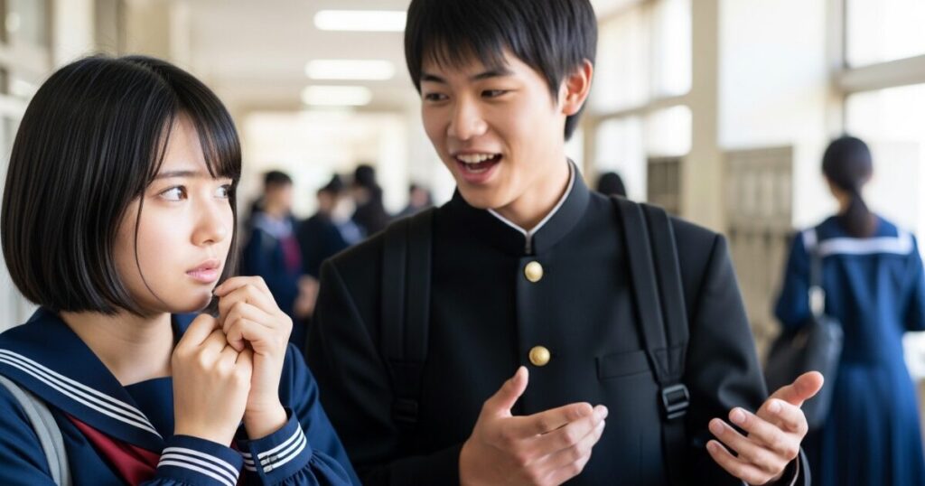廊下で会話する男子学生と不安そうな表情の女子学生